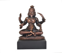 3-inch copper Mahakaali Mata idol facing forward, seated with raised right hand