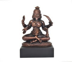 3-inch copper Mahakaali Mata idol facing forward, seated with raised right hand