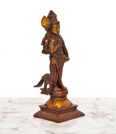 Rear three-quarter view of Karthikeya brass idol with peacock on pedestal