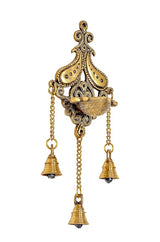 Brass wall diya ornament with dangling three bell cones from chain loops