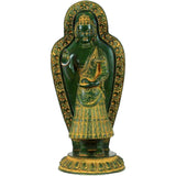 Brass standing Buddha statue with gold-trimmed robes, right hand raised in blessing