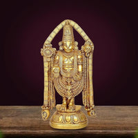 Brass Tirupati Balaji idol, raised arms, detailed deity face on pedestal base