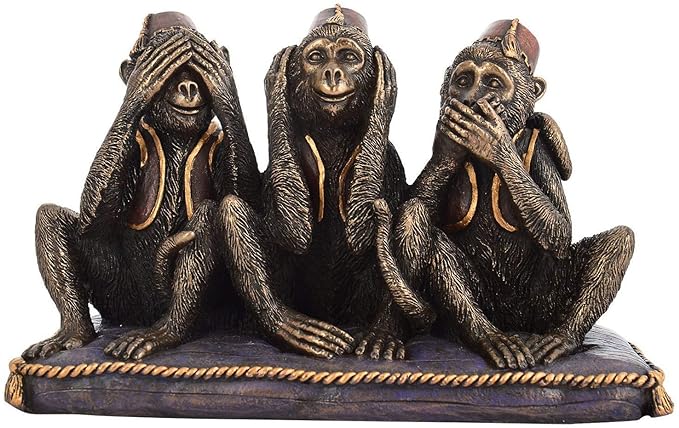 Polyresin set of 3 monkey figurines with hands covering eyes, seated on base