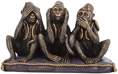 Polyresin set of 3 monkey figurines with hands covering eyes, seated on base