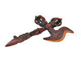 Multicolor parashu phurba dagger with detailed handle, prongs, and orange flared blade