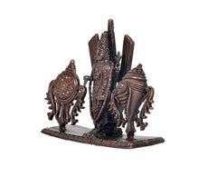 Copper Tirupati Bala Ji shankh chakra Namah statue, side angle on base