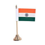 Indian flag tabletop stand with brass pole, saffron-white-green flag, round base