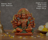 Panchmukhi Hanuman resin idol, seated pose, orange skin, green drape, gold crown details