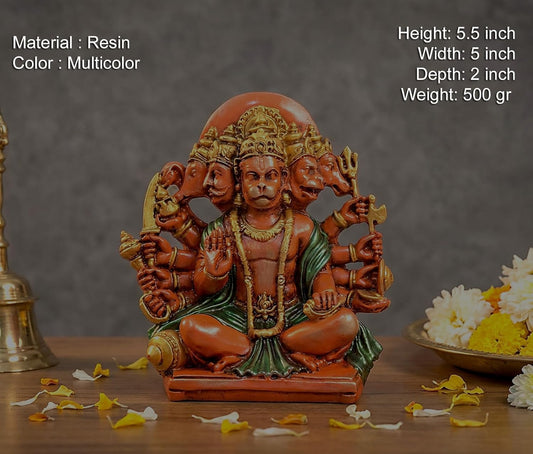 Resin Panchmukhi Hanuman Idol Figurine – Hanuman Ji Decorative Showpiece for Home, Office, Temple & Car Dashboard (Height :5.5 Inches)