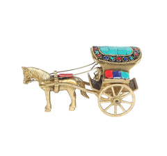 Brass horse cart showpiece, horse and cart profile with turquoise roof and gems