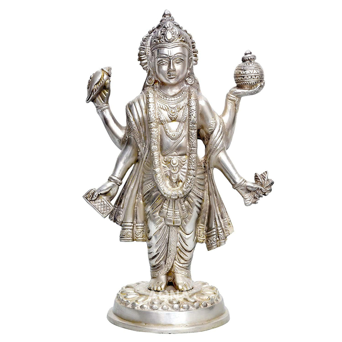 Silver brass Dhanvantari statue holding vase and herbs, 10.3 inches