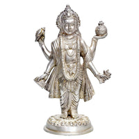 Silver brass Dhanvantari statue holding vase and herbs, 10.3 inches