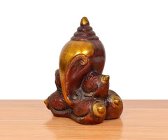Ganapati-Muschelform-Skulptur, Seitenansicht: gerundeter Körper, eingerollte Arme, Om-Relief