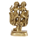 Brass Lakshmi and Vishnu idol on Garuda, close front with detailed crowns