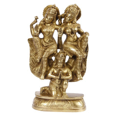 Brass Lakshmi and Vishnu idol on Garuda, close front with detailed crowns