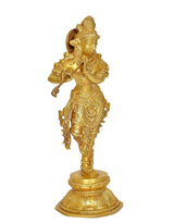 Krishna brass idol playing flute, left profile view, tall crown and face details