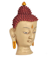 Resin Buddha wall hanging, side view with red curls, gold ushnisha and gold earring