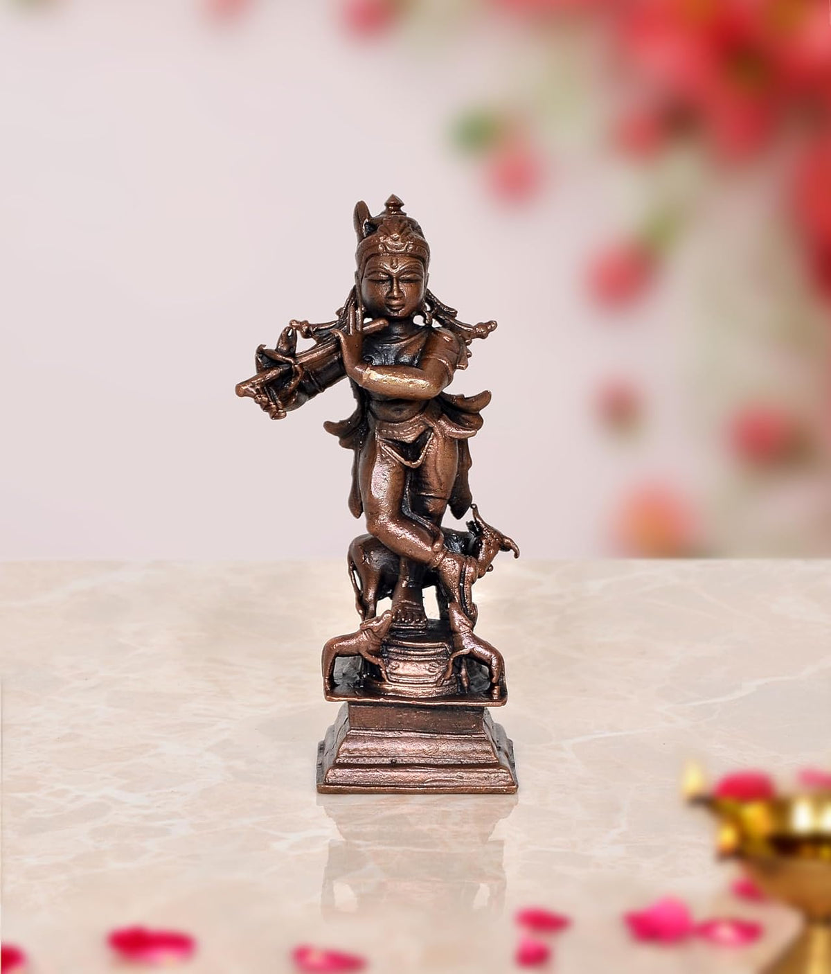 Copper Krishna idol sculpture standing, with cow figure, dark bronze finish