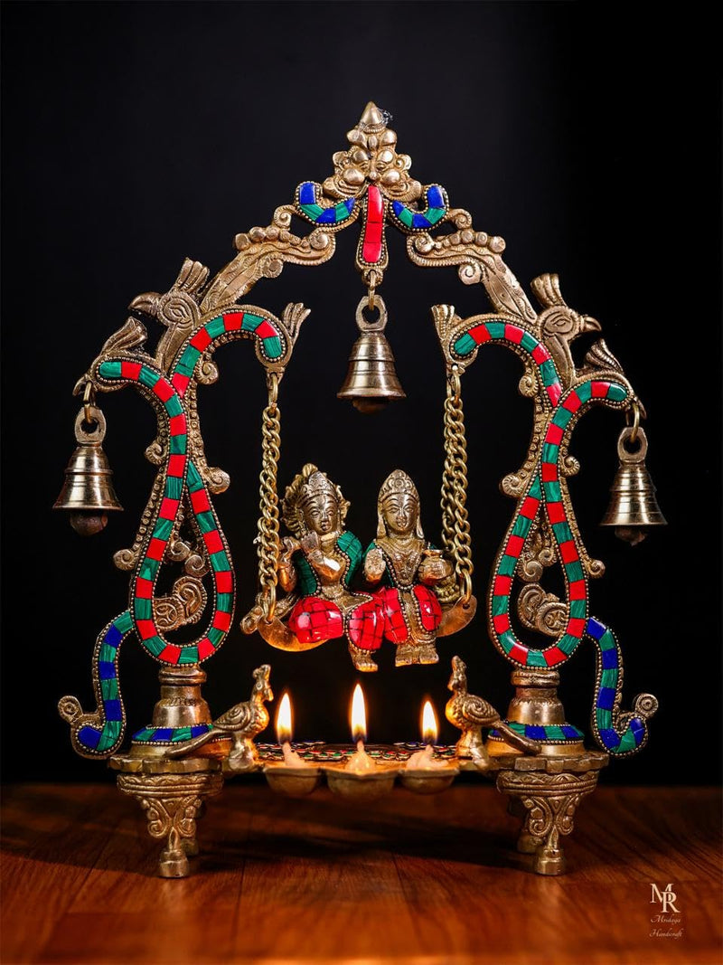 Radha Krishna Statue on Swing with Diya (Height : 36 Cm)