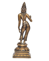 Brass Parvati statue rear/side view, round halo ornament and patterned leggings
