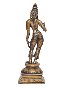Brass Parvati statue rear/side view, round halo ornament and patterned leggings