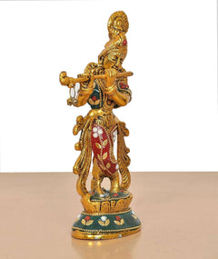 Krishna metal statue rear angle with flute and hanging bells, red and gold detailing