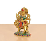 Brass Durga Maa idol on lion, side view, red crown and green blouse details