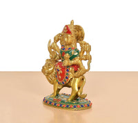 Brass Durga Maa idol on lion, side view, red crown and green blouse details