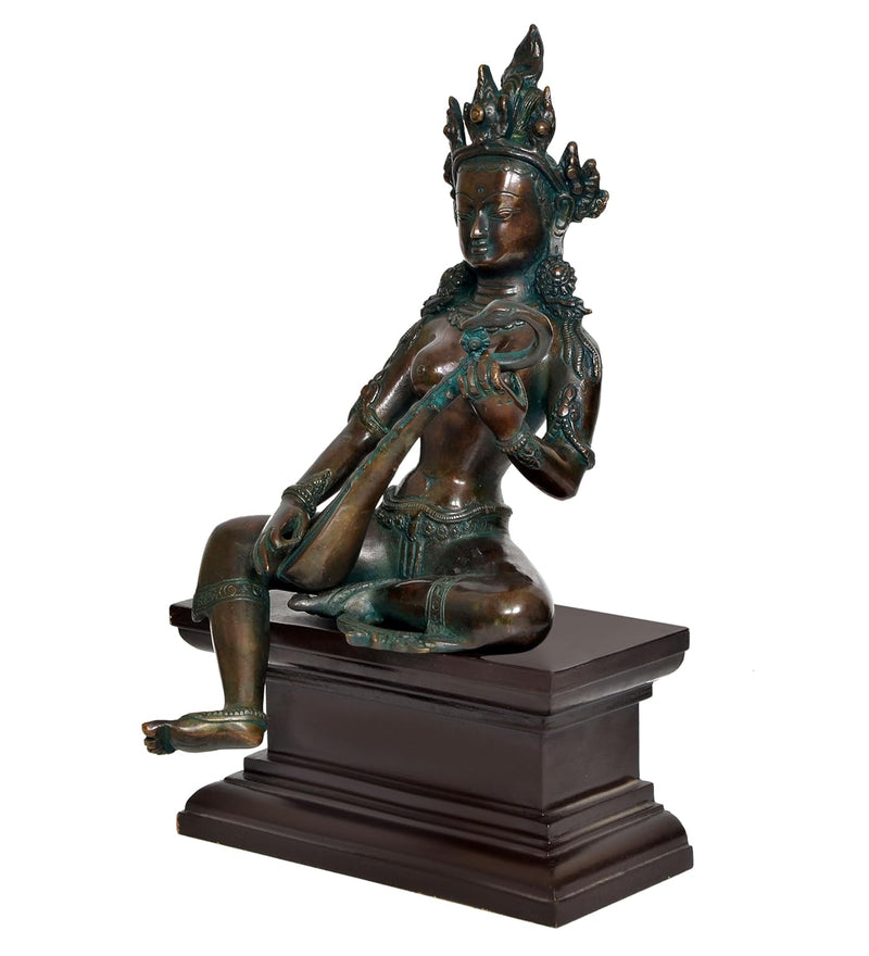 Brass Maa Goddess Saraswati Seated on Wooden PedestalI dol for Home Decor and Pooja (Height 14 Inch)