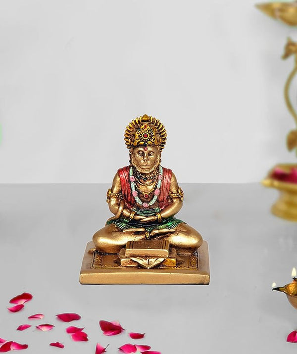 God Hanuman JI Sitting Statue Idol Sculpture Multicolor Resin Statue (Height 3.5 Inch) Study Setting