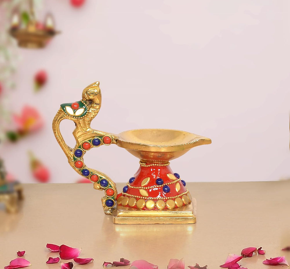 Brass Peacock Diya with Hanging Bell Traditional Oil Lamp (Height 4 Inch) (Red)