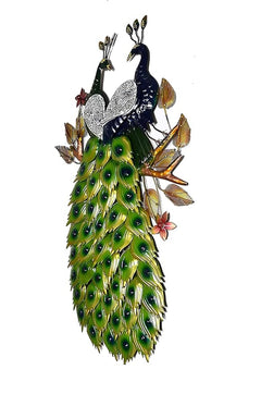 Iron double peacock wall decor with green feather body, silver chest, and copper wing accents