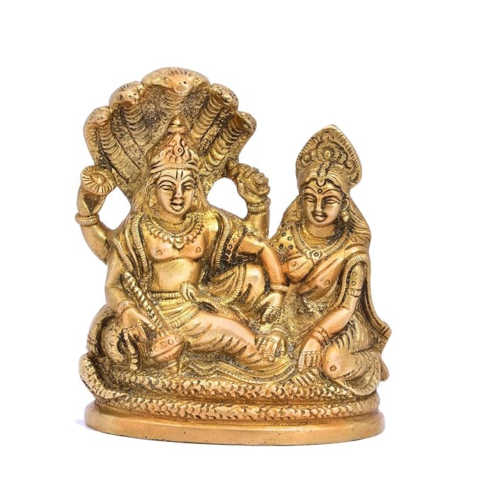 Brass Lord Vishnu with Lakshmi ji Statue, Height 4 Inches