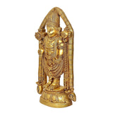 Brass Tirupati Balaji idol angled view, sculpted drapery and arm accents on pedestal