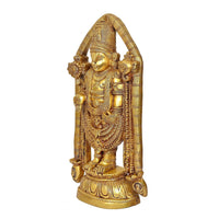 Brass Tirupati Balaji idol angled view, sculpted drapery and arm accents on pedestal