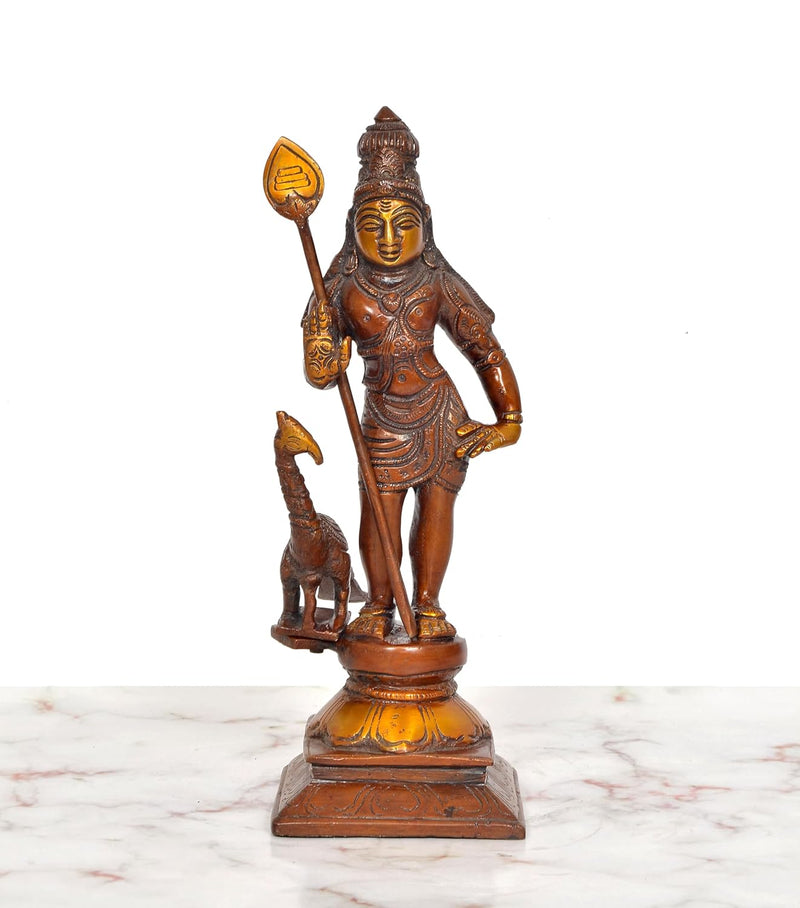 Brass Karthikeya Standing with Peacock Idol (Height: 10 inch)
