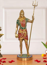 Bholenath brass standing murti with trident, multicolored outfit, 20 in