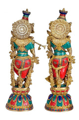 Radha-Krishna brass figurine, 18 in, back view with halo-like discs and detailed jewelry