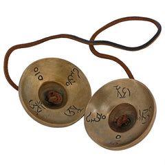 Antique-Finish Tibetan Brass Manjira Hand Cymbals with Leather Cords (Height: 3 Inches)