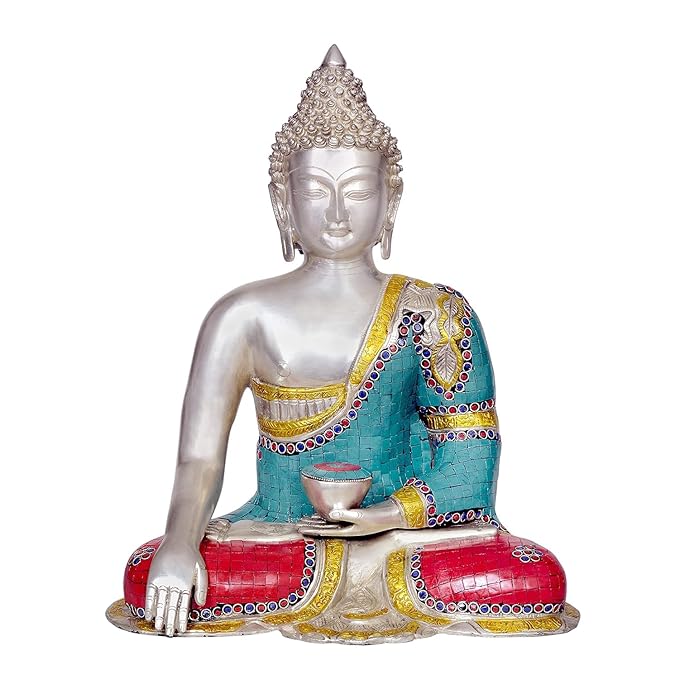 Buddha Calling The Earth to Witness/Earth Touching Buddha Idol Buddha Statue Stone Work Multicolour Home Decor in Brass Staue Height : 17 Inches