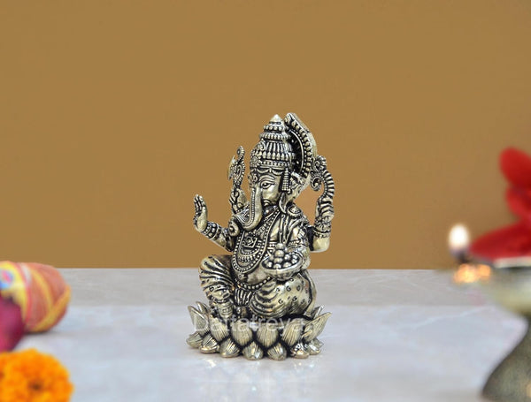 Superfine Brass Lord Ganesha Idol on lotus (Height 3 Inch) Study Setting