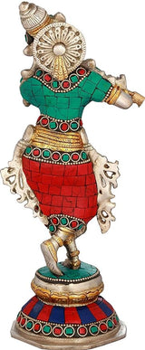 Brass Krishna statue, 9.4 in: back-angled dancer with flute, green and red mosaic outfit