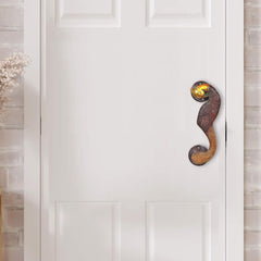 Peacock-style brass door handle on white door, gold eye knob and red scaled grip