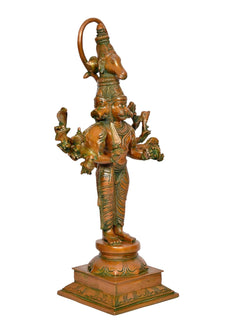 Brass Panchamukhi Hanuman idol rear view with arch halo and multi-armed stance