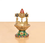 Brass Tirupati Balaji diya (6 inch) facing forward, red crown and jeweled arm discs.