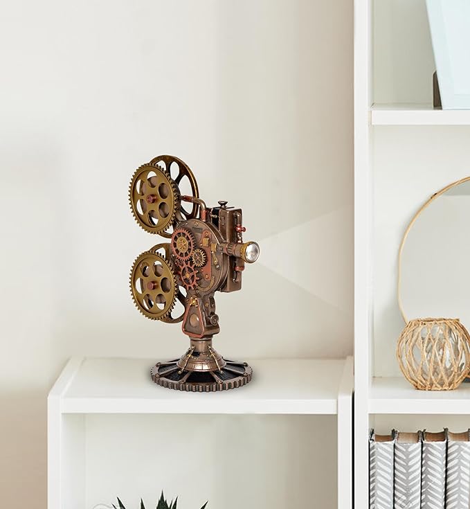 Resin steampunk projector statue with brass gears, metal-look body and LED lens