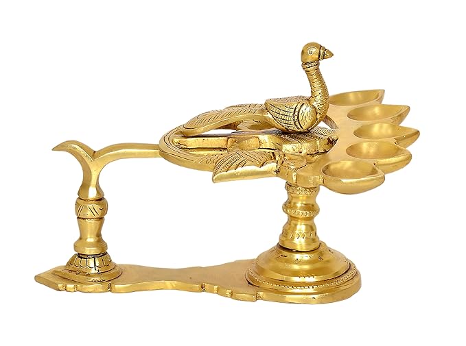 Brass Peacock Aarti Diya Oil Lamp for home temple (Height: 5 inch)