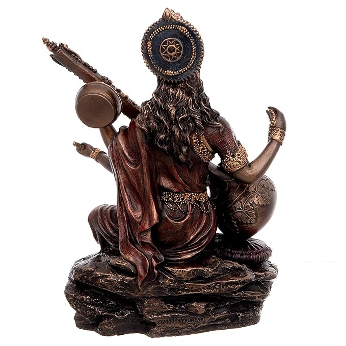 Resin, Bonded Bronze Saraswati Idol Sculpture Hindu Goddess of Knowledge Music & Art, 15.0 cm Height 13.4 cm Width, Brown