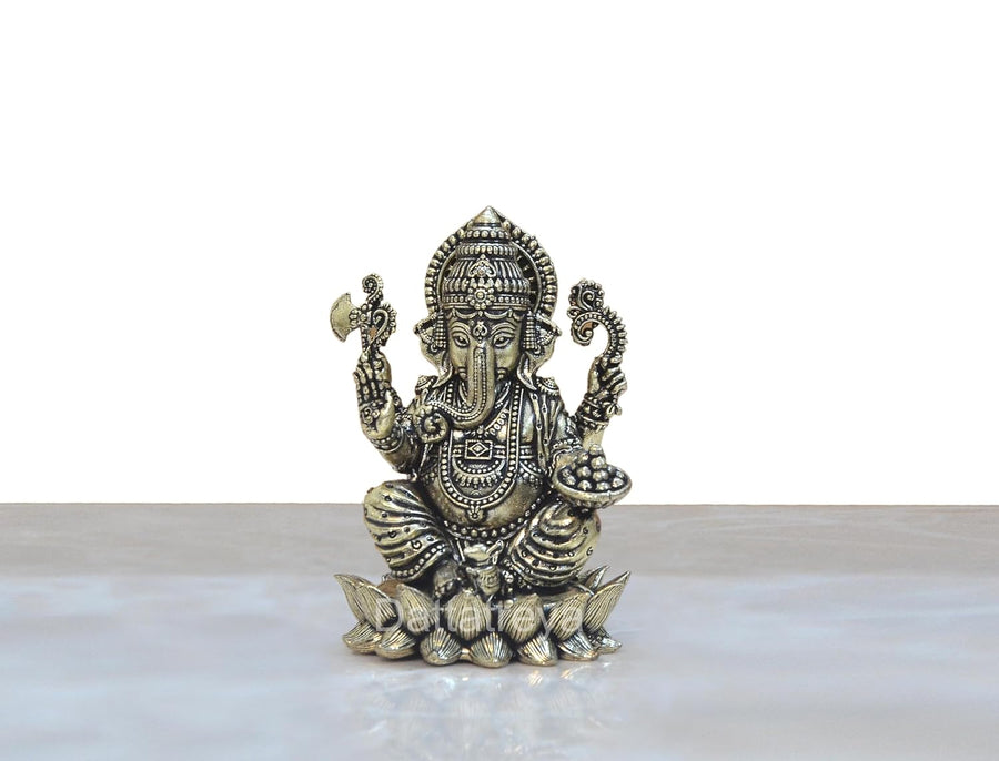 Superfine Brass Lord Ganesha Idol on lotus (Height 3 Inch) Craft Detail