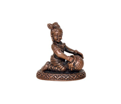 Copper Lord Bal Gopal Krishna idol statue, front view seated with ornate circular base